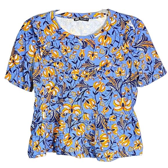 Zara Blue Floral Print Peplum Top Size S 100% Cotton Made in Morocco - Picture 1 of 9